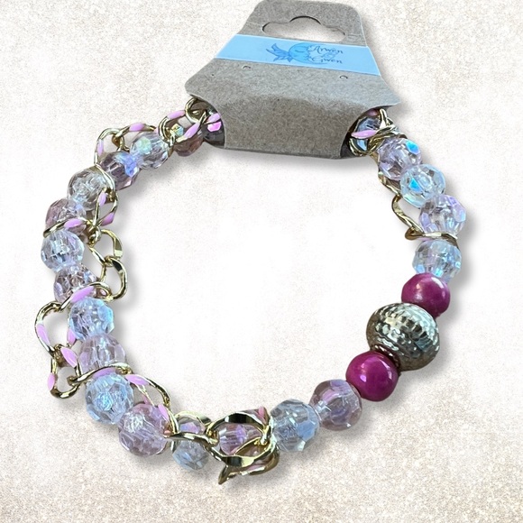 Beaded stretchy bracelet with acrylic, crystal beads, and gold chain - Picture 1 of 2